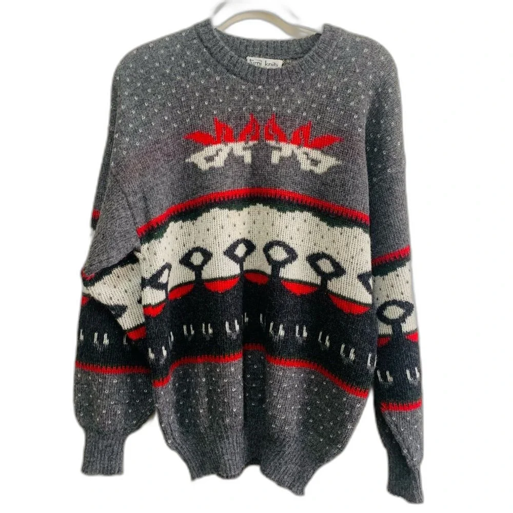 Tumi Knits grey red Alpaca crew neck sweater size medium